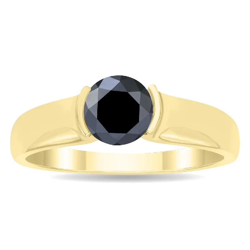 Marquee 1 Carat Half Bezel Black Diamond Solitaire Ring in 10K Yellow Gold