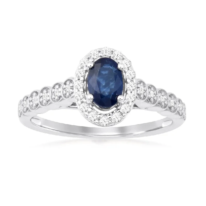 Oval Cut Sapphire Gemstone 1/5ct TDW Diamond Halo Ring in Silver