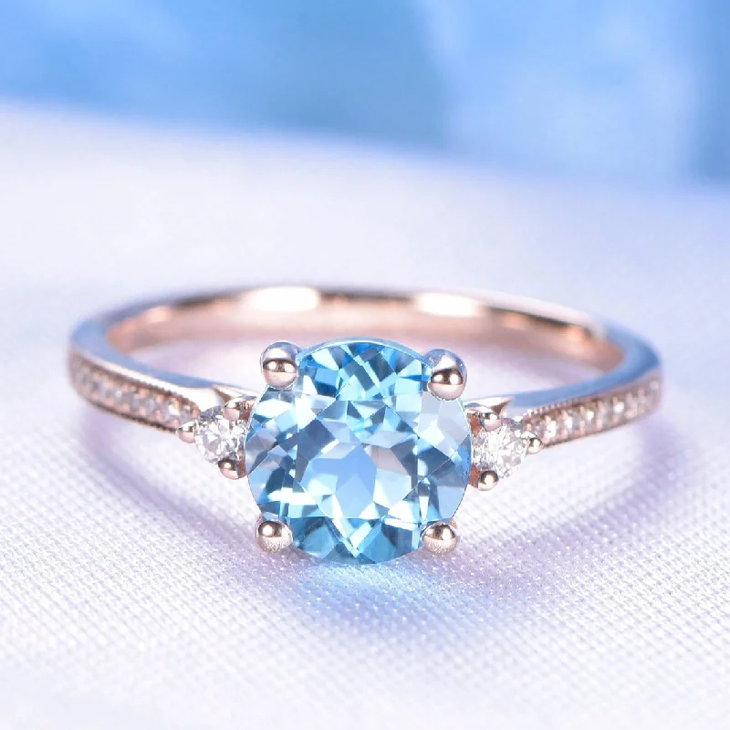 7 MM Round Swiss Blue Topaz Engagement Ring