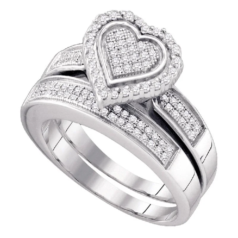 Sterling Silver Round Diamond Heart Bridal Wedding Ring Band Set 3/8 Cttw