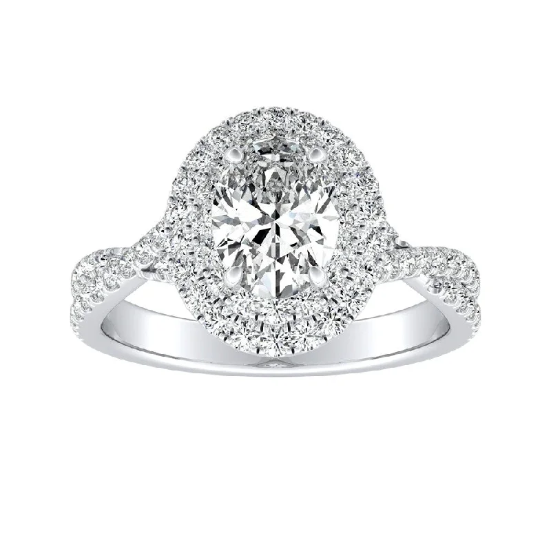 Twisted Oval Shape 1ctw Double Halo Diamond Engagement Ring 18k Gold by Auriya (I-J, I1-I2)