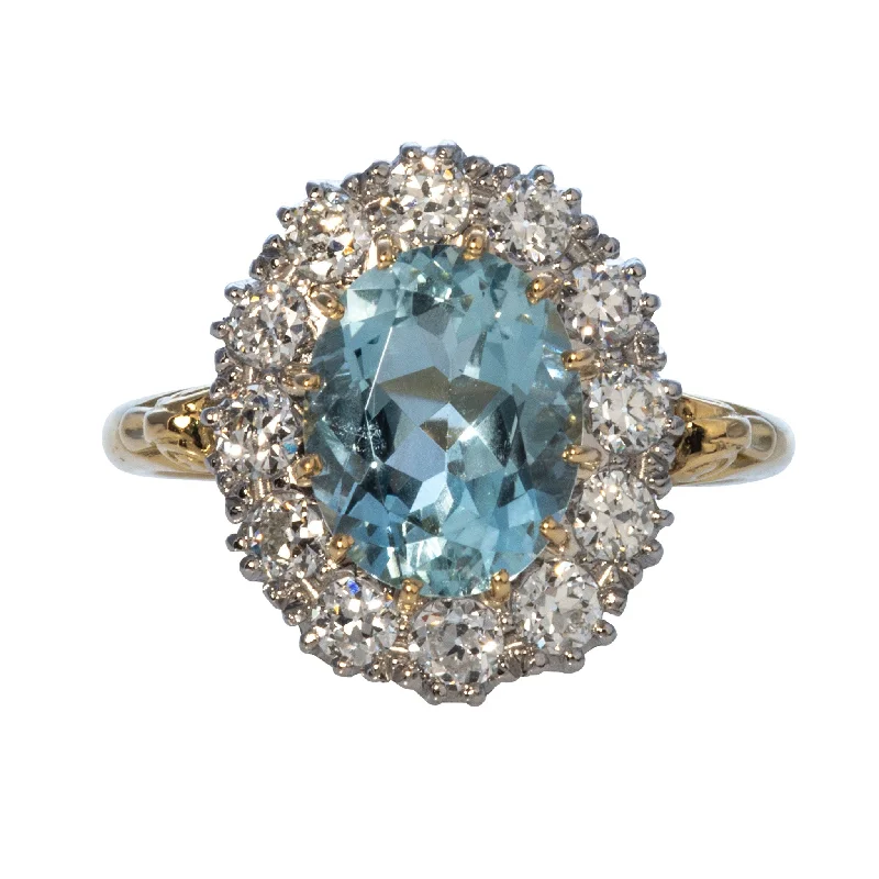 Victorian Style 2.37ct Oval Aquamarine & Diamond Cluster Ring