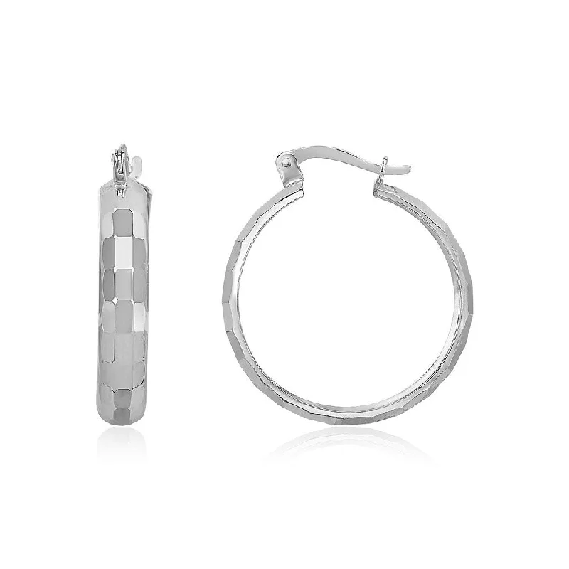 10k White Gold Geometric Textured Hoop Style Earrings