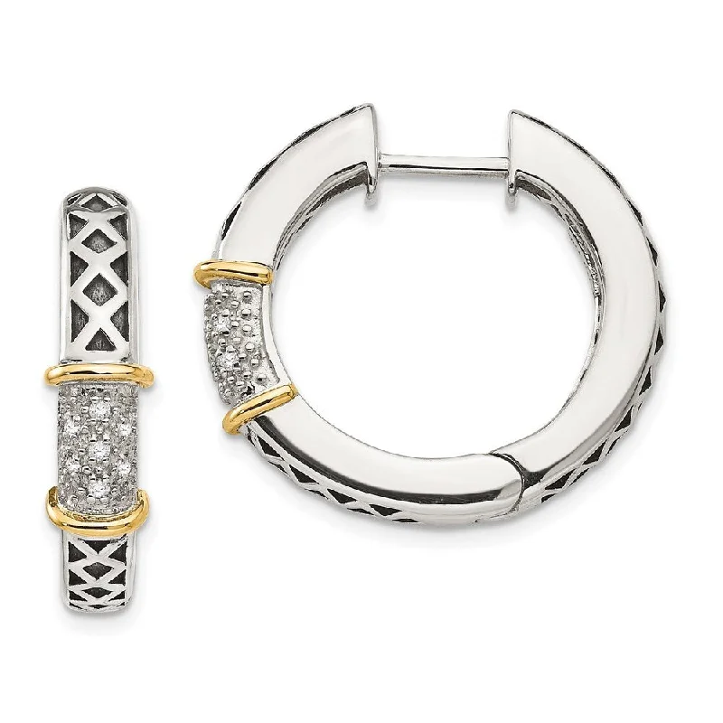 14k Gold and Sterling Silver Two-Tone Diamond Hinged Hoop Earrings (L-23 mm, W-5 mm)