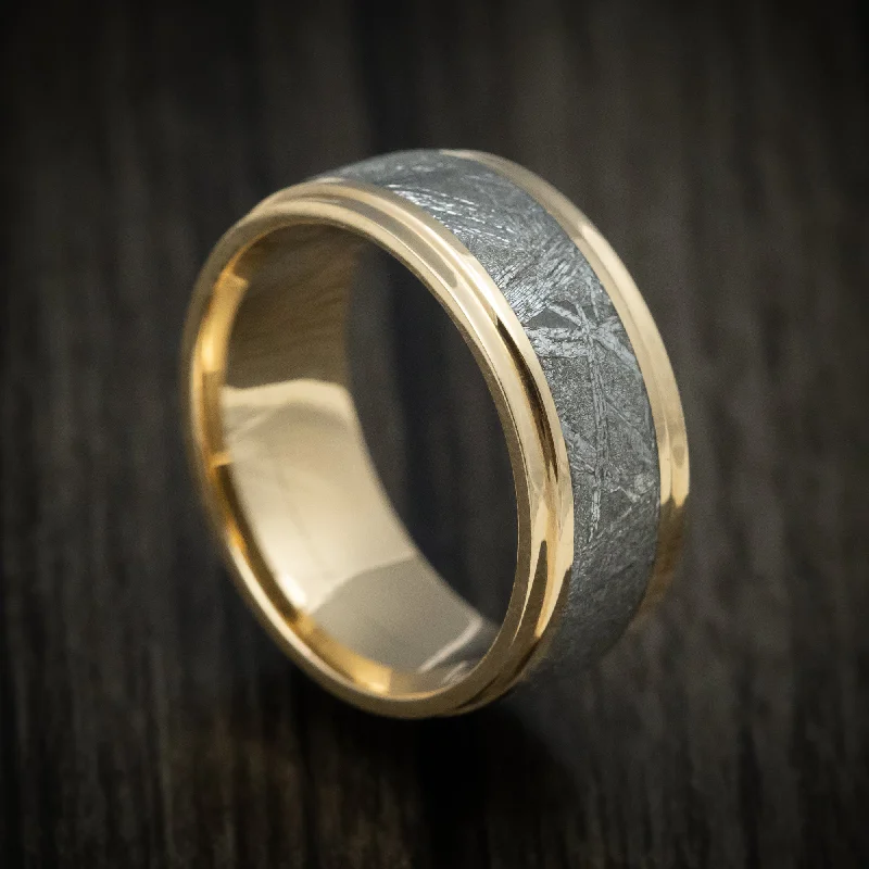 14K Gold Men's Ring with Gibeon Meteorite Inlay Custom Made