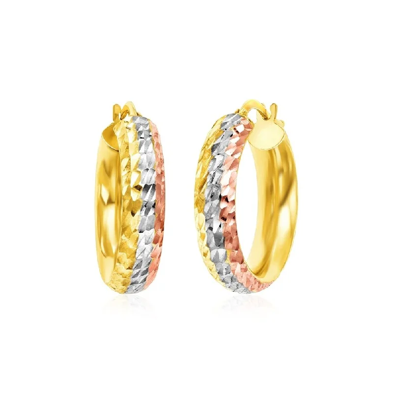 14k Tri Color Gold Textured Hoop Earrings