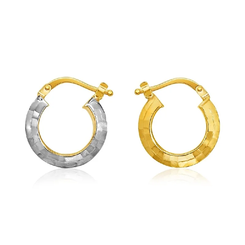 14k Two-Tone Gold Double Sided Diamond Cut Textured Hoop Earrings