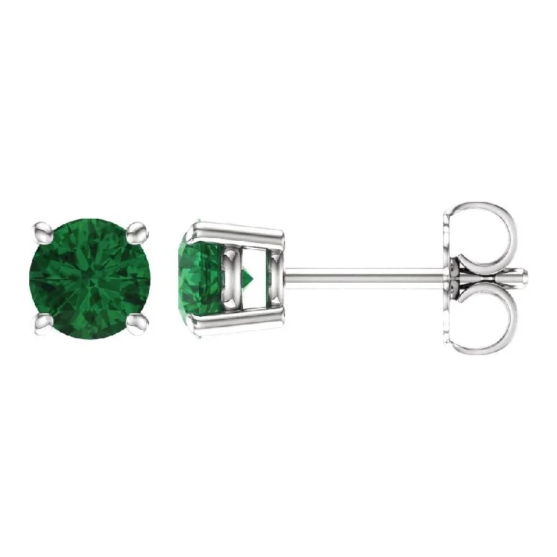 14k White Gold 5 mm Round Chatham Created Emerald Stud Earring for Women