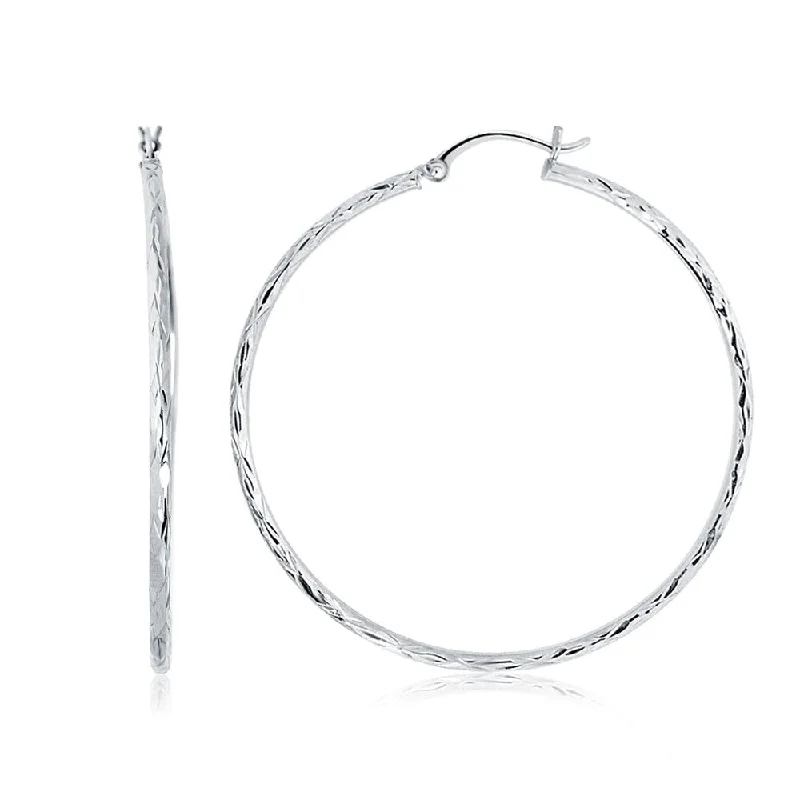 14k White Gold Diamond Cut Hoop Earrings (1 3/4 inch Diameter)