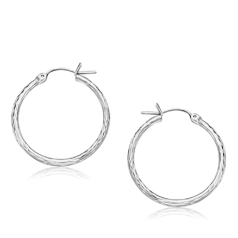 14k White Gold Diamond Cut Hoop Earrings (25mm Diameter)