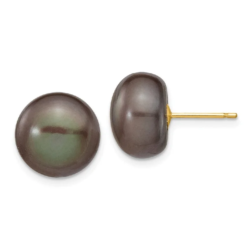 14k Yellow Gold Black Button Cultured Pearl Stud Earrings (L-11 mm, W-12 mm)