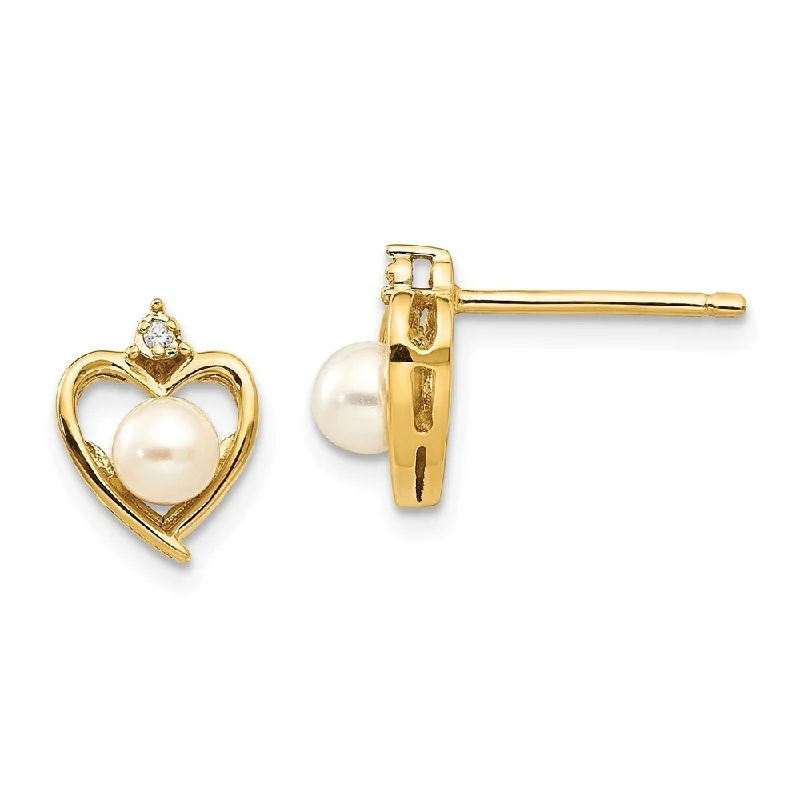 14k Yellow Gold Diamond Pearl Stud Earring (L-17 mm, W-10 mm)