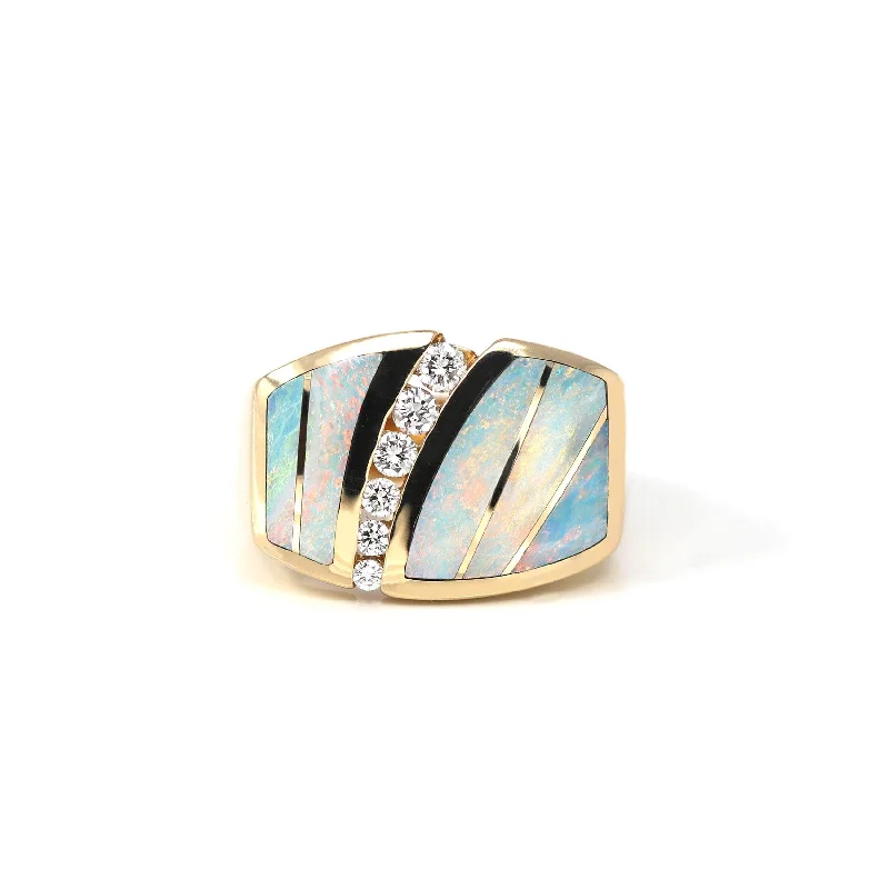 14k Yellow Gold Natural AAA Australian Opal Men's Ring with Diamonds