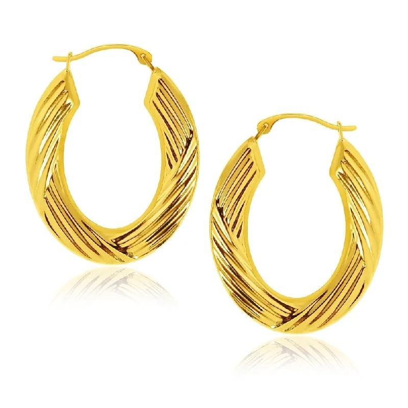 14k Yellow Gold Oval Weave Texture Hoop Earrings