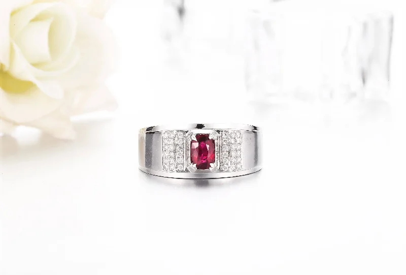 18k White Gold Natural 0.55 ct Ruby Men's Halo Ring with Diamonds