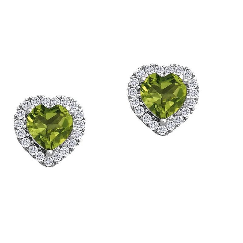 5MM Heart Shape Peridot and White Sapphire Birthstone Halo Stud Earrings in 10KT White Gold