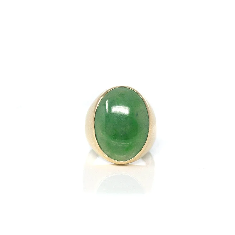 Baikalla "Classic Oval Signet" 14k Genuine Forest Green Old mine Jadeite Jade Men's Ring