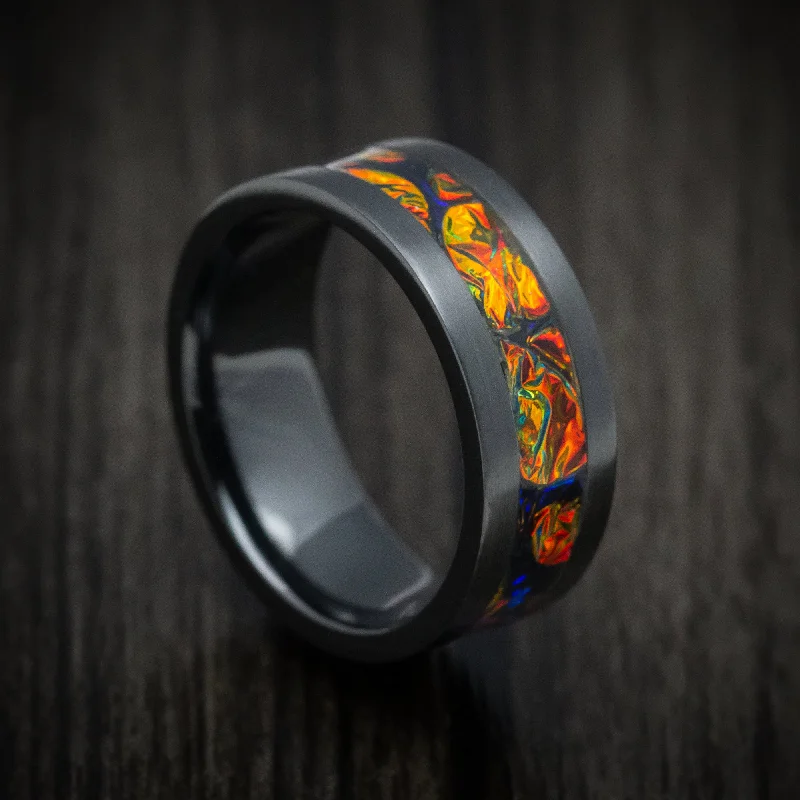 Black Zirconium and Dichrolam Inlay Men's Ring Custom Made Band