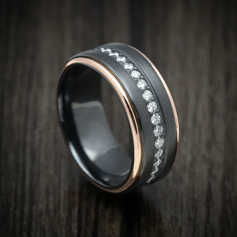 Black Zirconium and Half Eternity Diamond Men's Ring with Gold Inlays Custom Made Band