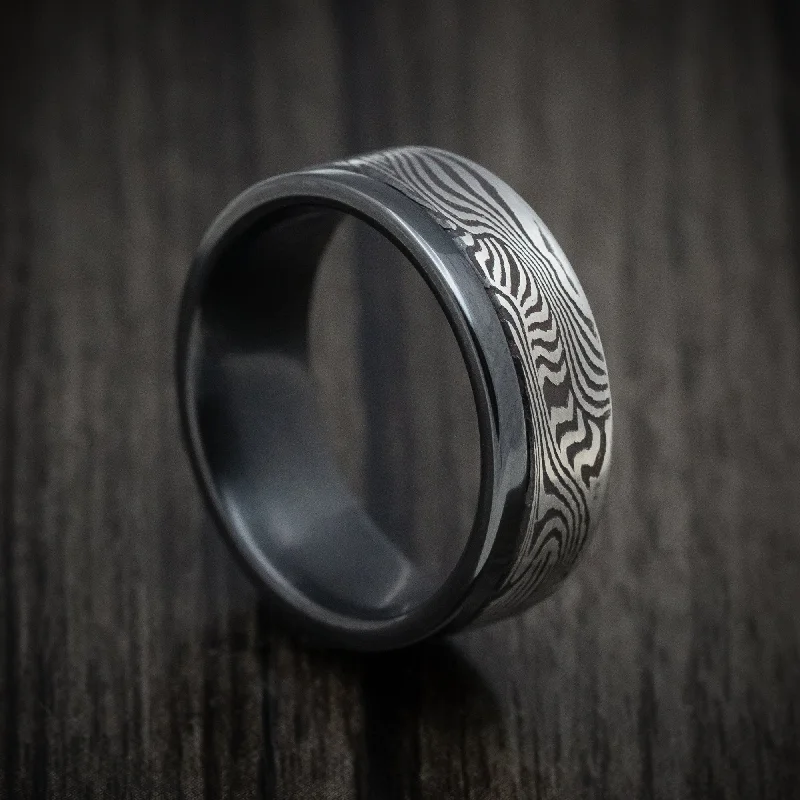 Black Zirconium and Sunset Kuro Damascus Steel Men's Ring Custom Made Band