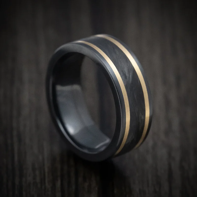 Black Zirconium Men's Ring with Forged Carbon Fiber and 14K Gold Inlays Custom Made Band