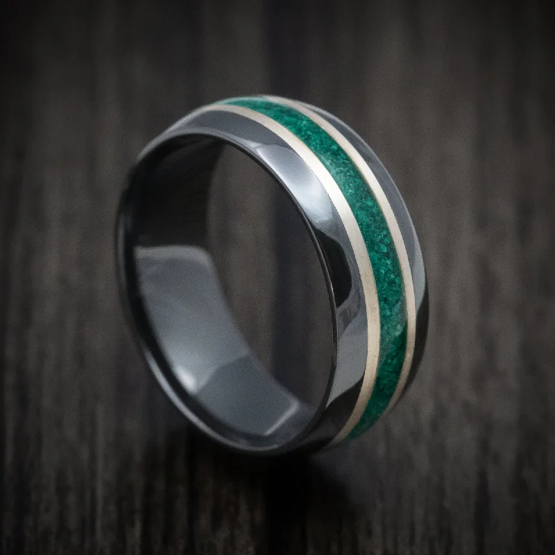 Black Zirconium Men's Ring with Silver and Malachite Inlays Custom Made Band