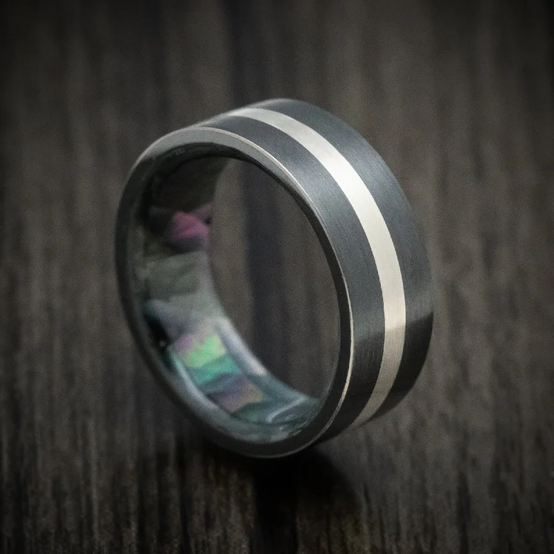 Black Zirconium Men's Ring with Silver Inlay and Black Mother of Pearl Sleeve Custom Made Band