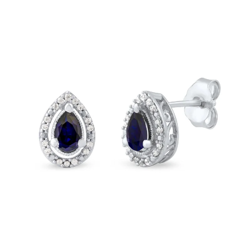 Blue Sapphire Gemstone 1/20ct Diamond Halo Earrings in 10k Gold