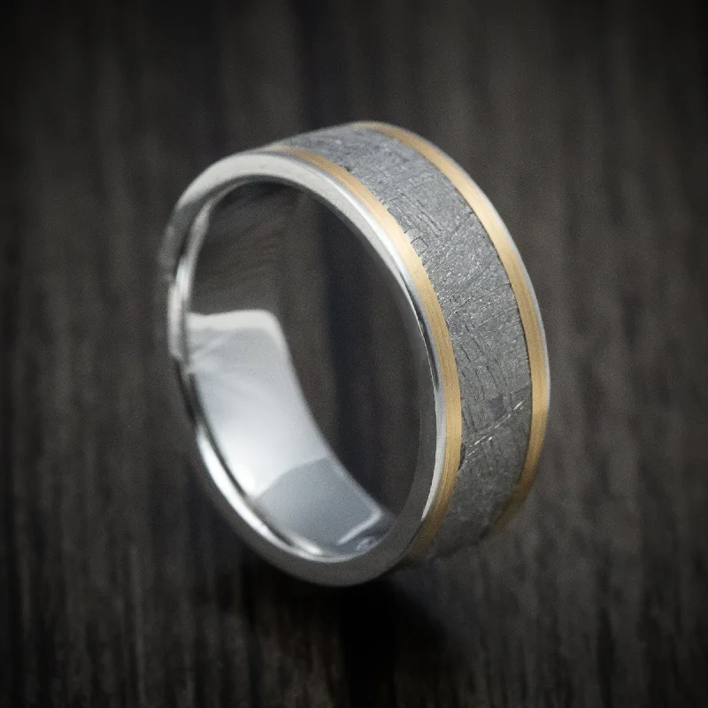 Cobalt Chrome Men's Ring with 14K Gold and Meteorite Inlays Custom Made Band