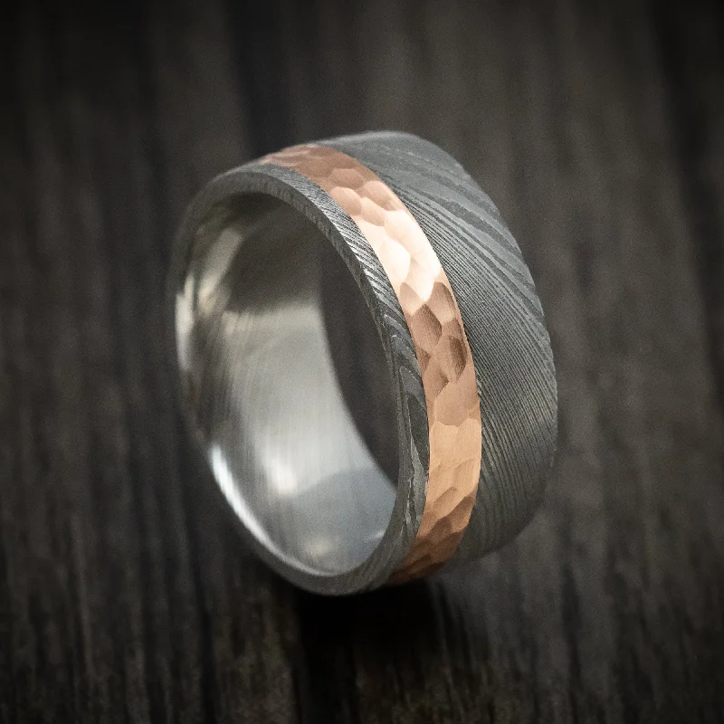 Damascus Steel Men's Ring And 14k Gold Wedding Band Genuine Craftsmanship Custom Made