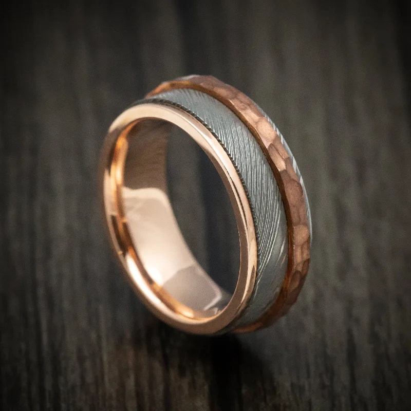 Damascus Steel Men's Ring with Copper Inlay and Interior 14k Rose Gold Sleeve Custom Made Band