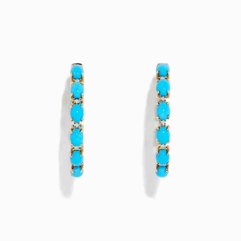 14K Yellow Gold Turquoise Hoop Earrings, 3.95 TCW