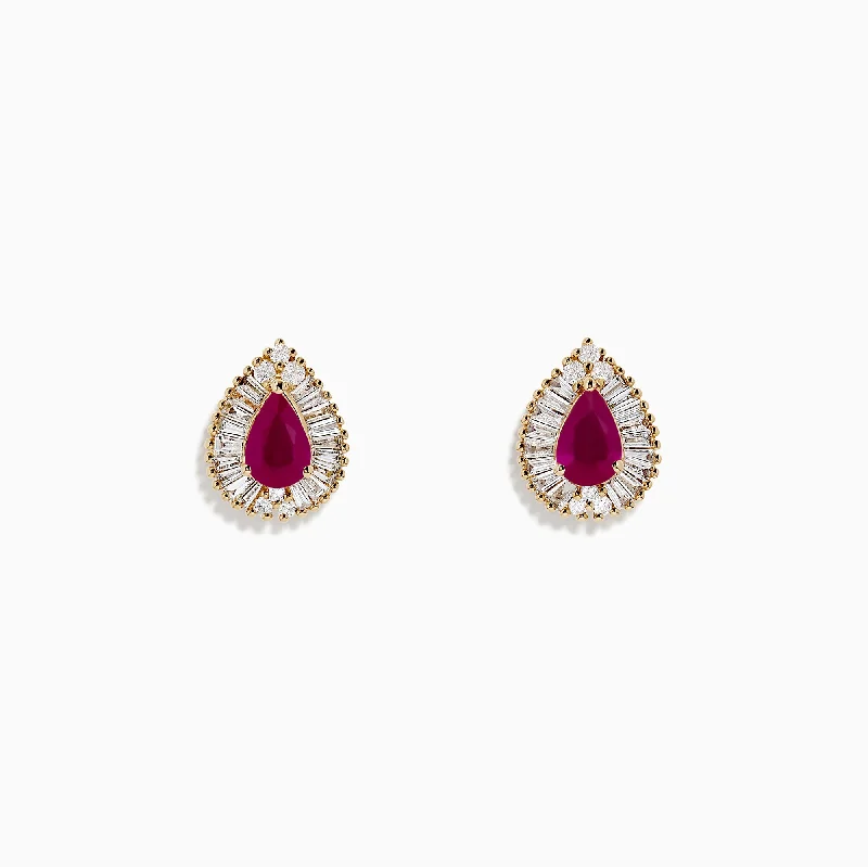 Ruby Royale 14K Yellow Gold Pear Shaped Ruby and Diamond Stud Earrings, 1.36 TCW