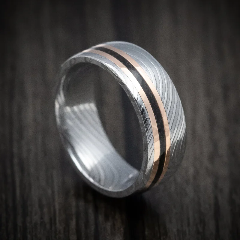 Flat Twist Damascus Steel Men's Ring with 14K Gold and Dinosaur Bone Inlays Custom Made Band