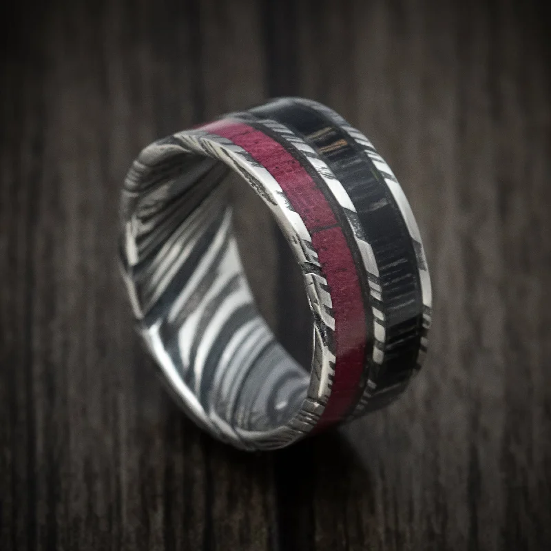 Kuro Damascus Steel Men's Ring with Dual Wood Inlays Custom Made Band