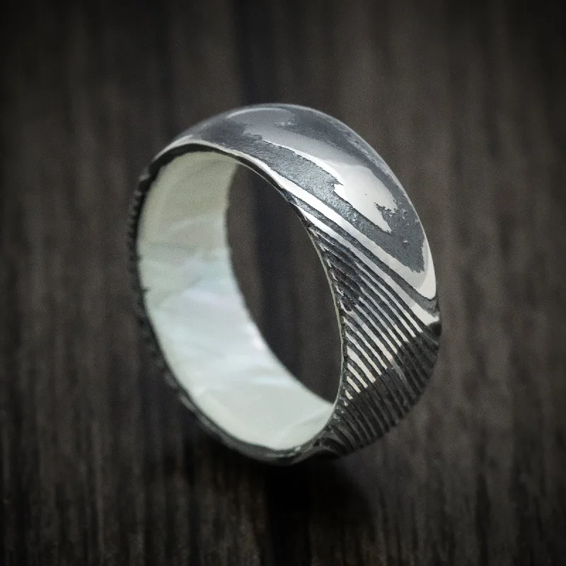 Kuro Damascus Steel Men's Ring with White Mother of Pearl Sleeve Custom Made Band