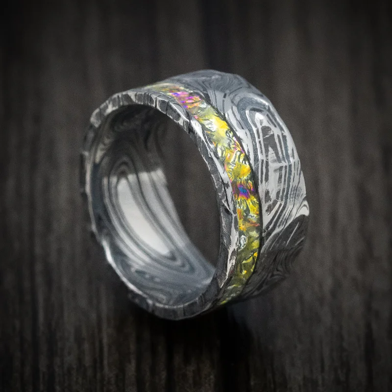 Marble Kuro Damascus Steel and Dichrolam Inlay Men's Ring Custom Made Band