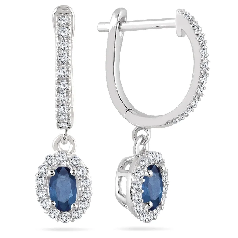 Marquee 1/2 Carat Sapphire and Diamond Halo Dangle Earrings in 10K White Gold