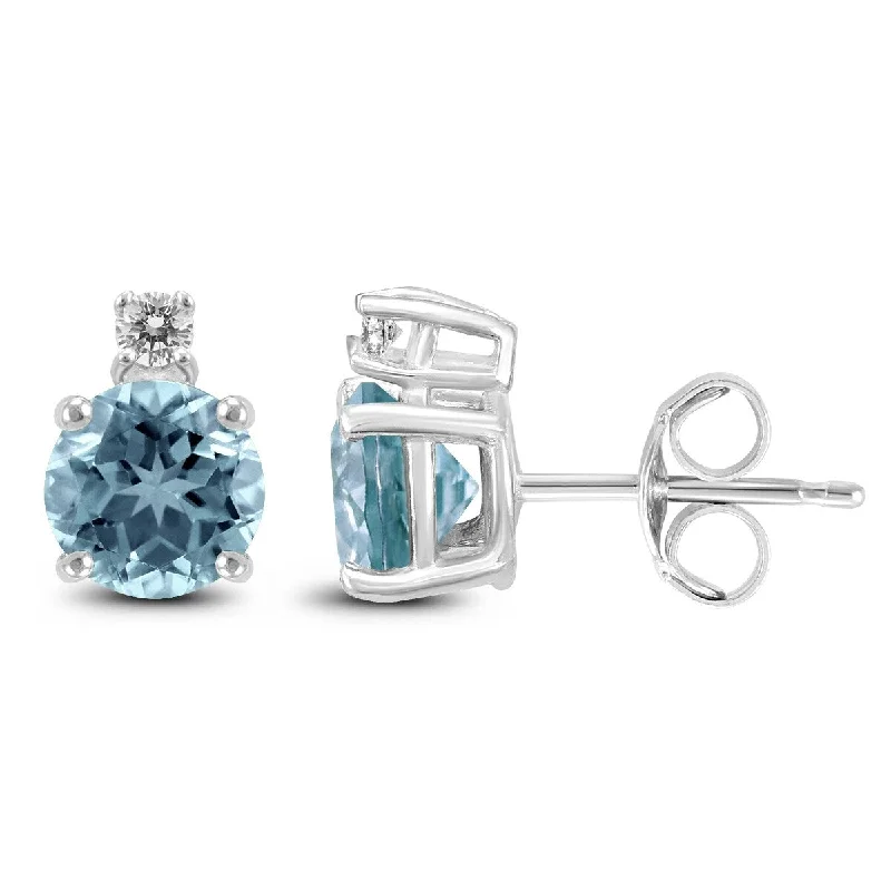 Marquee 14K White Gold 4MM Round Aquamarine and Diamond Earrings