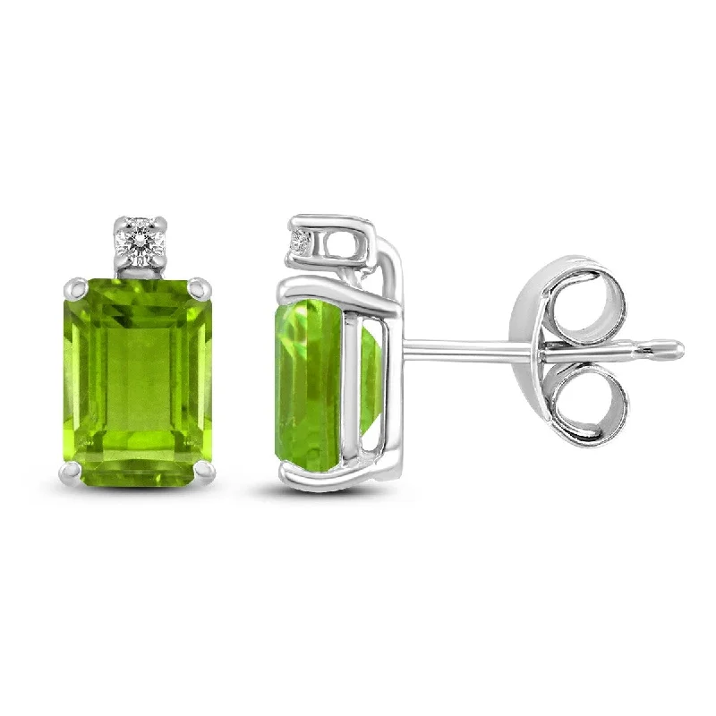 Marquee 14K White Gold 6x4MM Emerald Shaped Peridot and Diamond Earrings