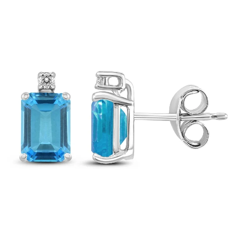 Marquee 14K White Gold 7x5MM Emerald Shaped Blue Topaz and Diamond Earrings