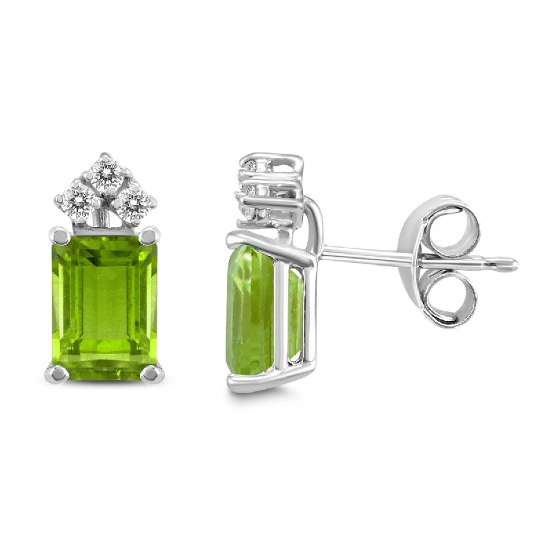 Marquee 14K White Gold 8x6MM Emerald Shaped Peridot and Diamond Earrings