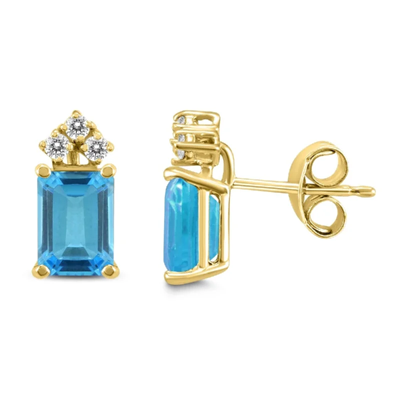 Marquee 14K Yellow Gold 6x4MM Emerald Shaped Blue Topaz and Diamond Earrings