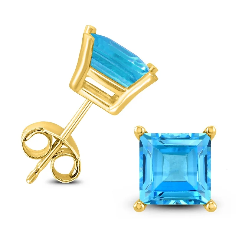 Marquee 14K Yellow Gold 7MM Square Blue Topaz Earrings