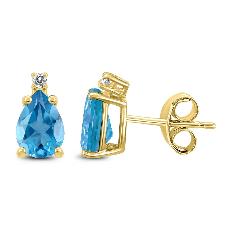 Marquee 14K Yellow Gold 8x6MM Pear Blue Topaz and Diamond Earrings