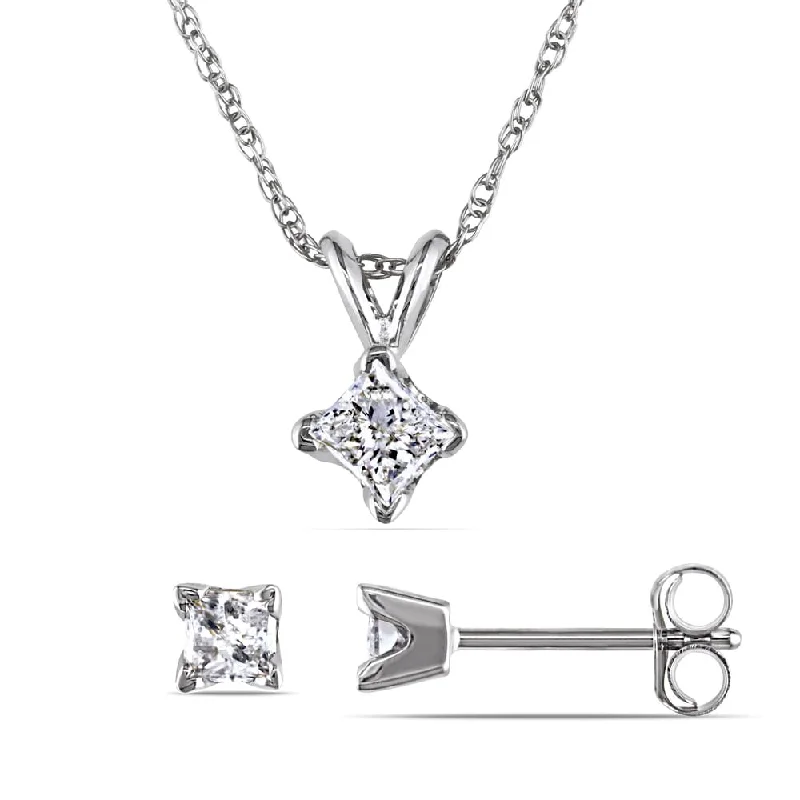 Miadora 14k White Gold 5/8ct TDW Princess-cut Diamond Solitaire Earrings and Necklace Set