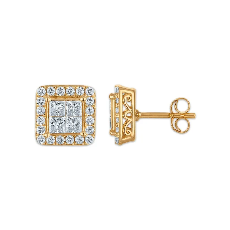 Red Hot Deal 1-1/2 CTW Princess Cut Lab Grown Diamond Halo Stud Earrings in 14KT Yellow Gold