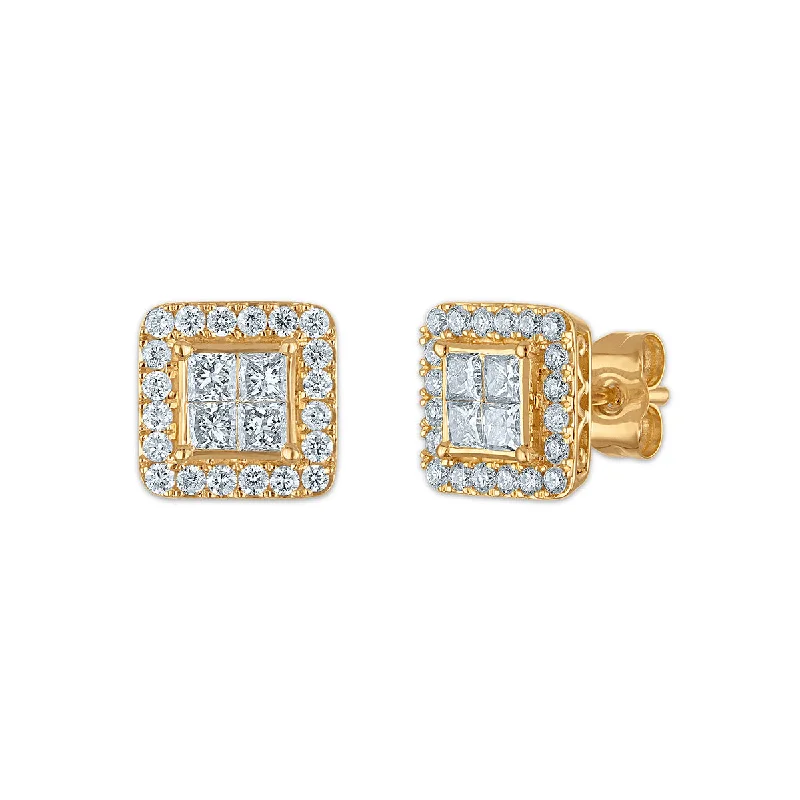 Red Hot Deal 1 CTW Princess Cut Lab Grown Diamond Halo Stud Earrings in 14KT Yellow Gold