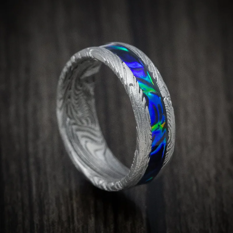 Sunset Kuro Damascus Steel and Dichrolam Inlay Men's Ring Custom Made Band