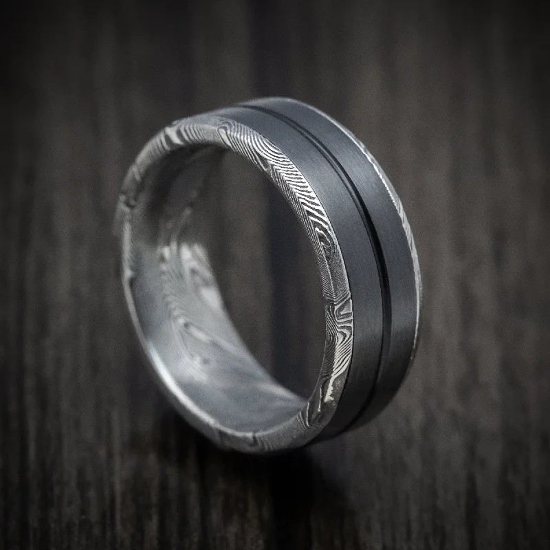 Tightweave Damascus Steel Men's Ring with Black Zirconium and Cerakote Inlays Custom Made Band